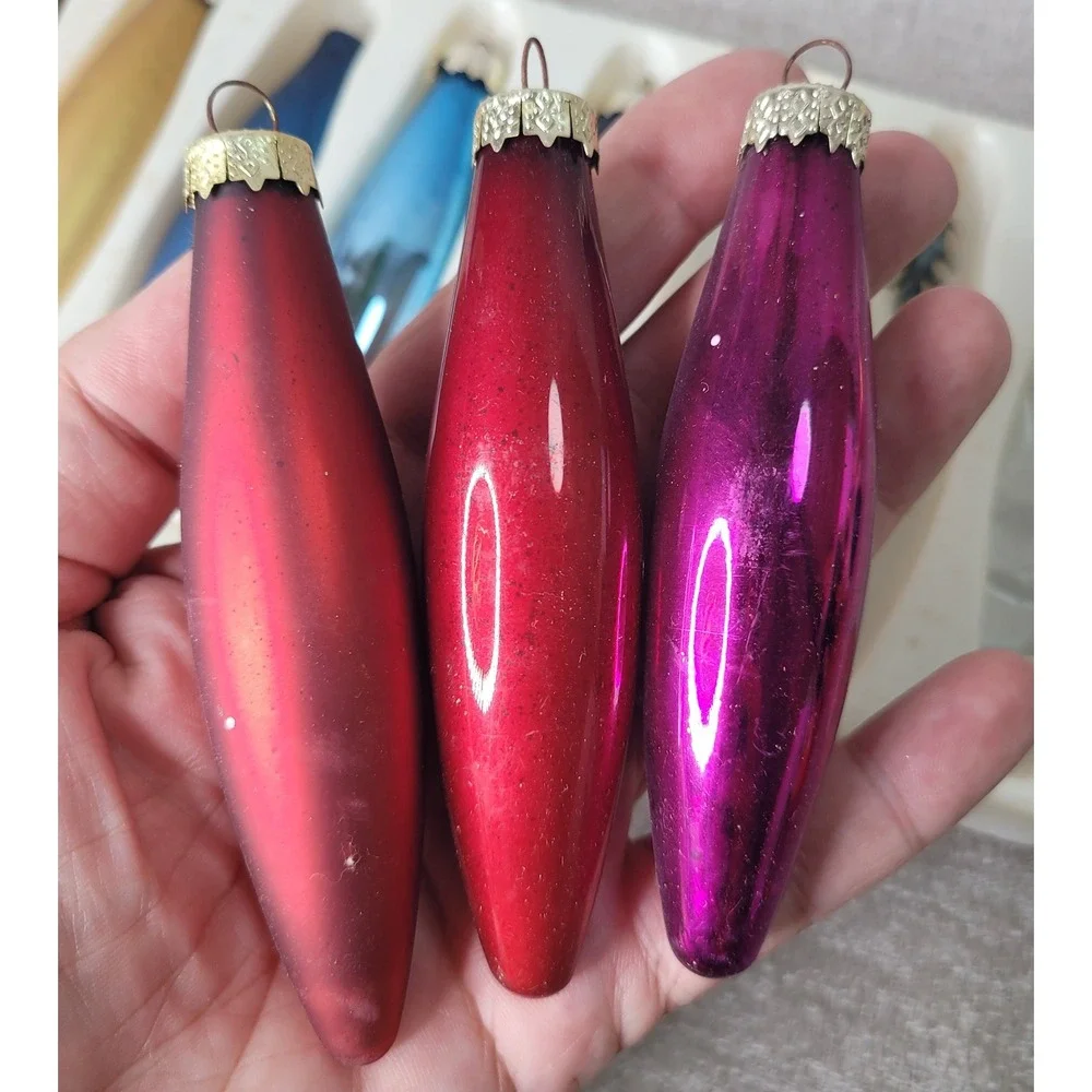 Vintage Glass Christmas Ornaments Teardrop Torpedo Jewel Tone Mixed Set of 9